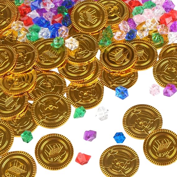 LOMIMOS Pirate Gold Coins,144 PCS Buried Treasure and Pirate Gems Jewelry Playset Pack Party Favor Decorations(72 Coins+72 Gems)