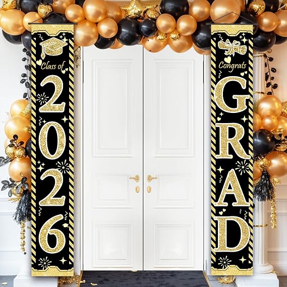 Graduation Decorations 2026, Black and Gold Congratulations Congrats Grad Banner Porch Door Banners Graduation Party Decorations Class of 2026 GRAD Decor Schools Grades (Black & Gold)