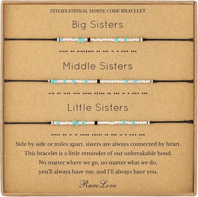 RareLove 3PCS Sister Bracelets for 3,Big Middle Little Sister Morse Code Beaded Bracelet for Women Blue Silver Pony Seed Tiny Beads