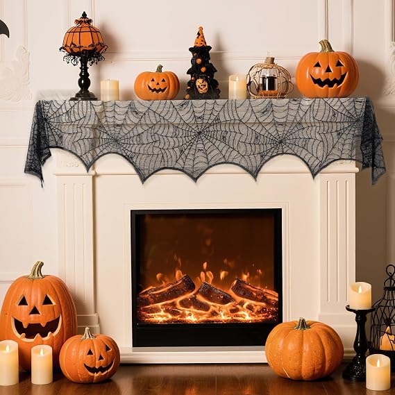 PIGETALE Halloween Fireplace Mantle Scarf Cover Black 18 x 96 inch | Lace Spiderweb Cobweb Mantel Shelf Top Scarf Runner Window Curtain Halloween Party Decorations Indoor Festive Party Supplies