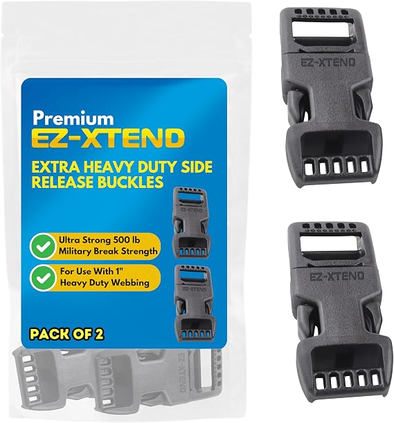 EZ-Xtend Extra Heavy Duty Side Release Buckles 1 Inch - Plastic Buckles for Heavy Duty Webbing - 500 lb Strength, Made in USA