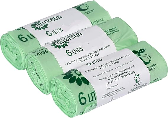 6 Litre x 150 All-Green Compostable Kitchen Caddy Liners - Food Waste Bin Liners - EN 13432-6L Bags