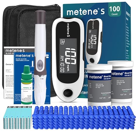 Metene S Blood Glucose Monitor Kit, 100 Test Strips, No Coding