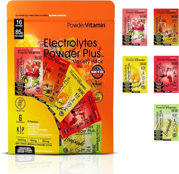 PowderVitamin Electrolytes Powder Plus - 16 Packets - Variety Pack A | Hydration Packet, Keto-friendly, Zero Sugar, 1000mg Potassium, 120mg Calcium, 120mg Magnesium, Non-GMO, Zero Calories