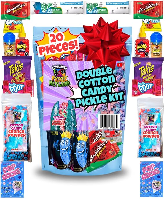 Cotton Candy Pickle Kit For 2 |20 Pieces| 2 X Cotton Candy Crunch, Pop Rocks, Blue Raz Pickles, Lucas Gusano Chamoy, Skwinkles, social media trend items gifts for kids teen girls boys
