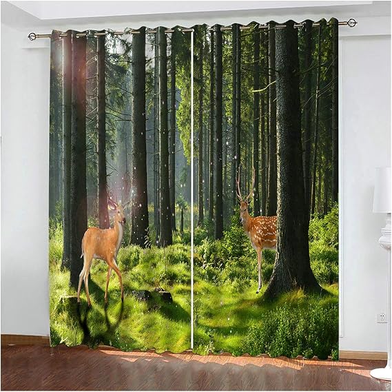Daesar Polyester Curtains Bedroom 54 x 108 Inch Eyelet Blackout Curtains Thermal Forest and Deers Drapes Bedroom Blackout Green Brown Curtains for Living Room 2 Panels Set