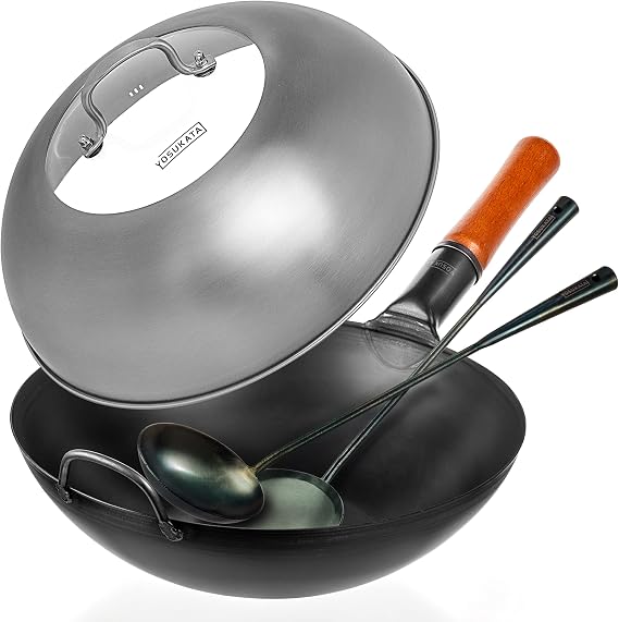 YOSUKATA Black Carbon Steel Wok Pan Flat Bottom 13,5 + Premium Stainless Wok Cover + Pre-Seasoned Utensils Set - Blue Carbon Steel 17-inch Wok Spatula, Wok Ladle, 3 pairs