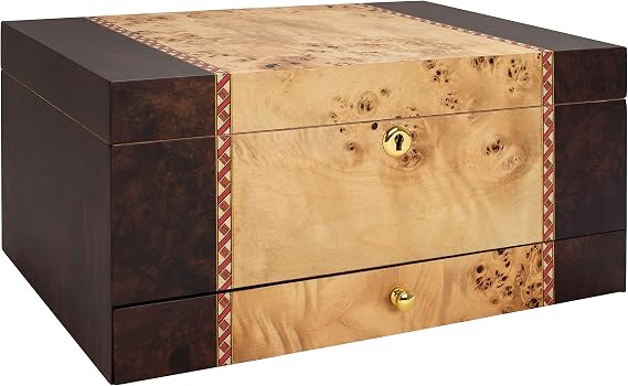 Florina Desktop Cigar Humidor with Accessory Drawer, Gorgeous Walnut Burl and Mapa Burl Glass Hygrometer, Spanish Cedar Tray, Adjustable Dividers, Lock and Key Holds 45-80 Cigars