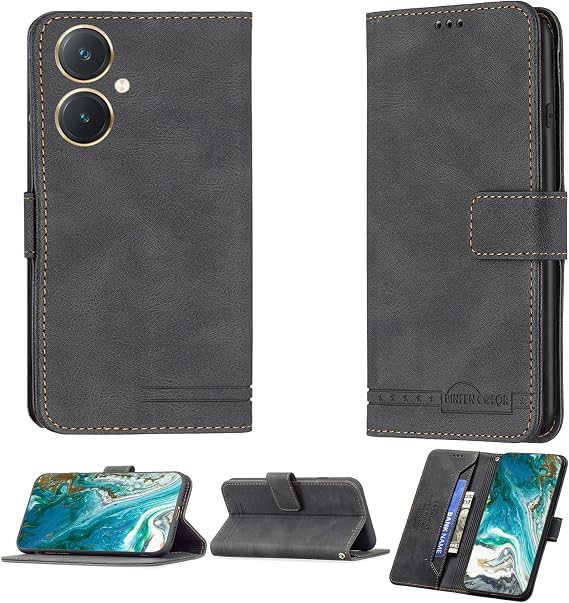 bojioderf Case Compatible for Vivo Y27s Phone Case Cover Flip Stand Cover PU Leather BF09 Wallet Case Black