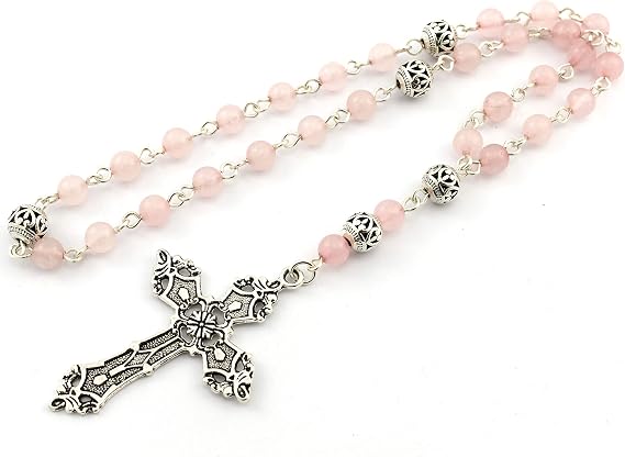 Protestant Anglican Prayer Beads/Rosary with Rose Quartz Gemstones and Silver Plated Cross
