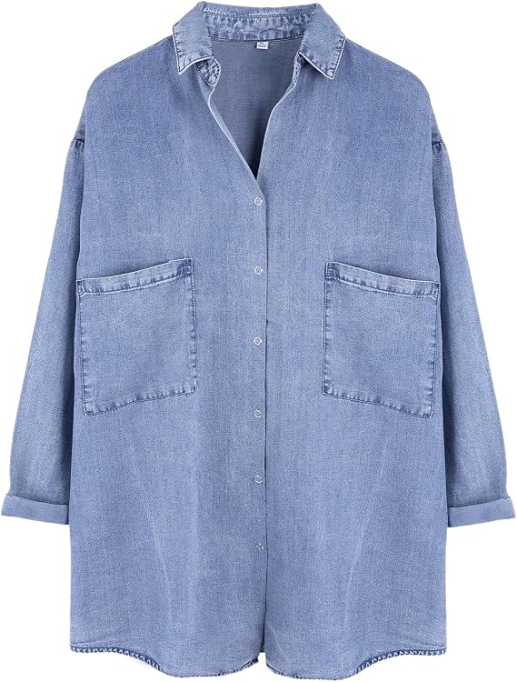 Yimoon Women Tencel Shirt Chambray Blue Button Down Shirts 3/4 Sleeve Tops