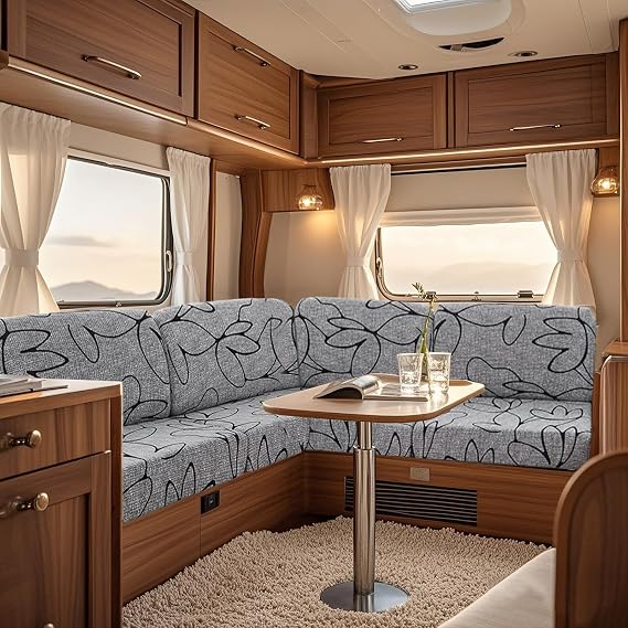 UNBBRRL Fit Stretch Caravan Seat Cover, Non Slip Elastic Fabric Printed Pattern RV Dinette Cushion Cover, Protector for Motorhome Sofa Bench with 4 Straps (grey line,Large 2 seater)