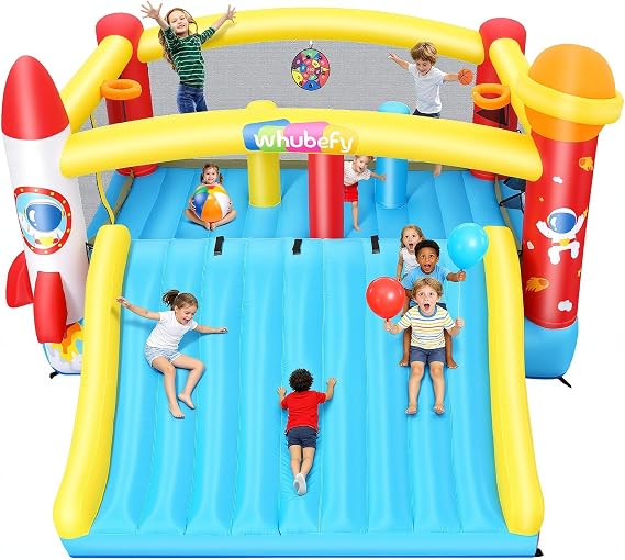 Inflatable Bounce House with Mega Elevated Slide for Big Kids 3-12 Space Rocket Bouncy Castle Play Center with 3 Dodge & Weave Obstacle Course Column, Head-to-Head Basketball Court & Dual-Target Games