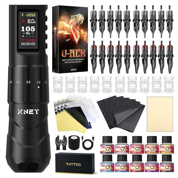Xnet FIST Wireless Tattoo Machine Kit, Tattoo Gun Set with 7 Adjustable Strokes 2.0-4.2mm, 20Pcs Cartridge Needles, Complete Tattoo Kit for Starter