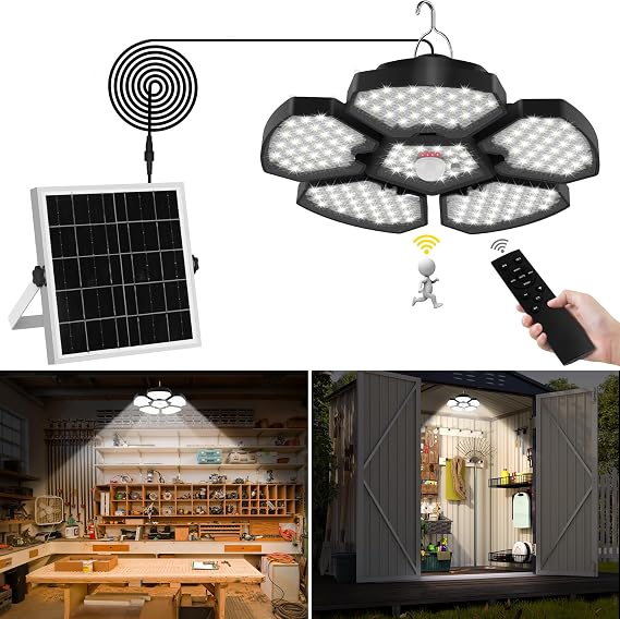 T-SUN Solar Shed Light Indoor Outdoor,1200LM Motion Sensor Pendant Light | IP65 Waterproof,Motion Sensing,Split Design,5 Lighting Modes,Remote Control,Solar Light for Shed Garden Gazebo Garage Home