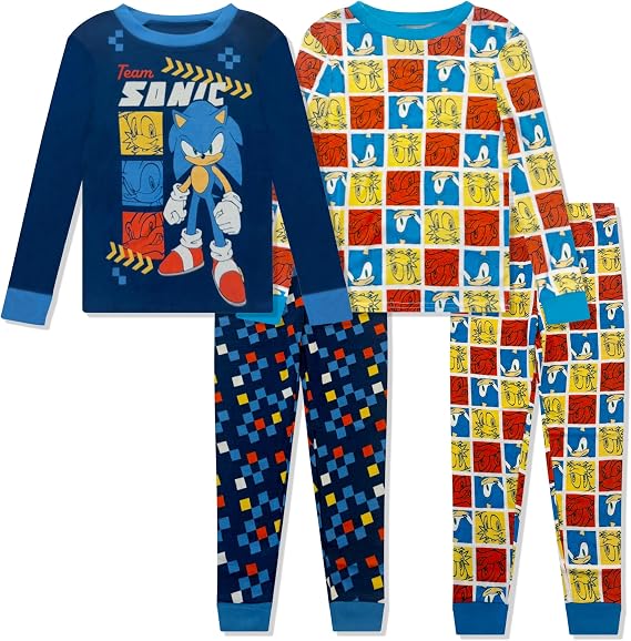 Boys 4 Piece Pajama Set - Cotton Boys PJ Set Long Sleeve Shirt & Pants - Sonic, Mario, Hot Wheels, Pokemon