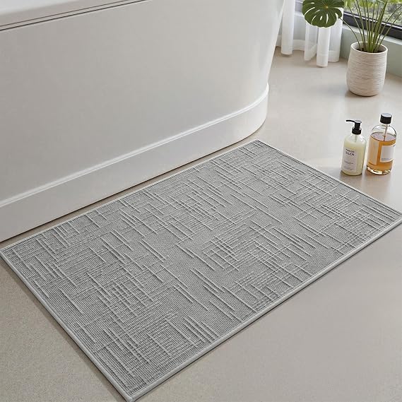 AMOAMI Bath Mat Non Slip Super Absorbent Quick Dry Bath Mats for Bathroom Floor Rubber Backing Washable Bathroom Rugs Modern Woven Jacquard Mat, Beside Tub Bath Rugs, 17" x 24", LightGrey