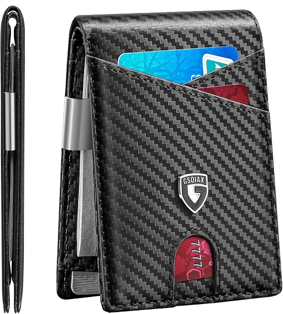 GSOIAX Slim Leather RFID Bifold Wallet for Men Minimalist Front Pocket Wallet with Money Clip,12 Card Slots,ID Window,Cool Groove Design,Includes Gift Box (Carbon Black)