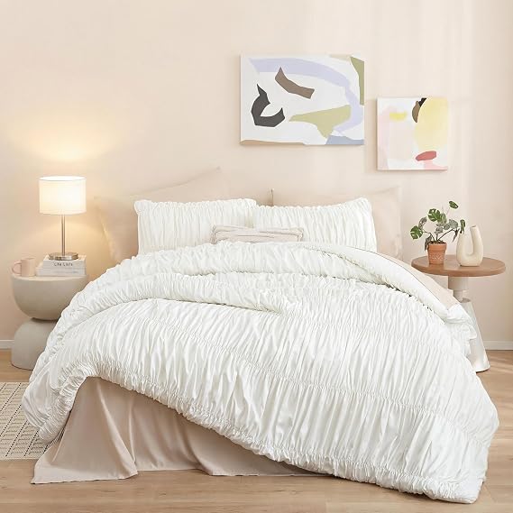 weigelia Cinched Comforter Set King - 3PCS Soft Cozy Cream White King Bedding Set with Decorative Ruched Design, Fluffy Lightweight All Season Cute Comforter for Elegant Home & Bedroom Decor