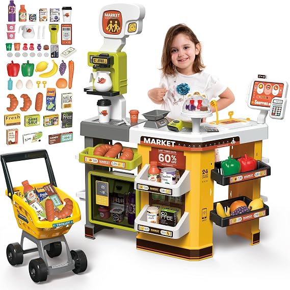 deAO Grocery Store Playset with Kids Shopping Cart,66 PCS Supermarket Toy