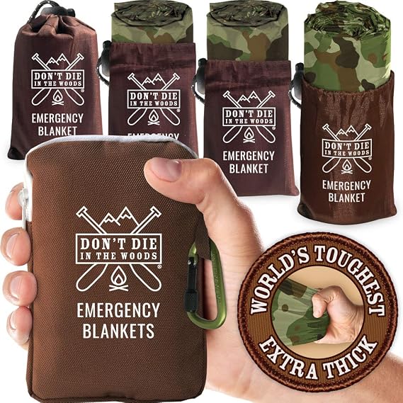 Dont Die in The Woods Worlds Toughest Emergency Blankets [Camo] | Ultralight Waterproof Extra Thick Space Blanket Thermal Mylar for Hiking Camping Survival Gear First Aid Kit Essentials