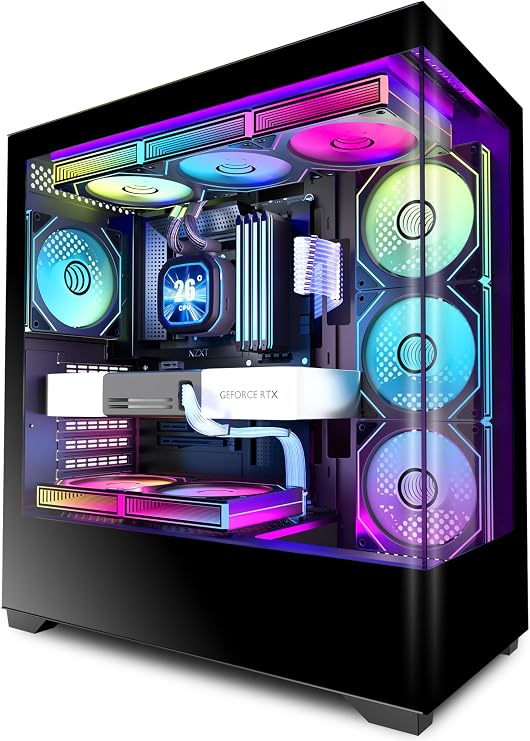 ARGB Panoramic Mid-Tower PC Case – 7x Pre-Installed Fans, Mid Tower Computer Case with Full-View Dual Tempered Glass, ATX Gaming PC Case,Black,P4