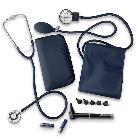 ASA TECHMED Nurse Essentials Starter Kit with Handheld Travel Case | 3 Part Kit Includes Adult Aneroid Sphygmomanometer Blood Pressure Monitor, Stethoscope, Mini Diagnostic Otoscope (Navy Blue)