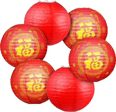 Sumind 6 Pieces 2026 Chinese New Year Round Paper Lanterns Decorations Lucky Golden Fu Character Lantern Fortune Coins, Round Hanging Decorations for Chinese Spring Festival