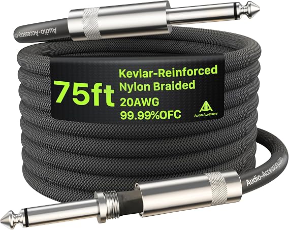 AA AUDIO ACCESSORY 75 Feet Guitar Cable, 20 AWG 99.99% OFC - Long Instrument Cable, Nylon Braided Anti-Kinking Kevlar Reinforced, AL & OFC Shield 1/4 Bass Amp Cord, for Fender Electric Guitar