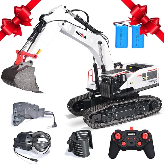 HUINA 1594 Metal RC 1:14 Excavator 28 Channel Digger Construction Vehicle Hobby Outdoor Gift Remote Control Tractor Crawler Toy Lights Sounds 4 attachments and 2 Rechargeable Batteries -2026 Model