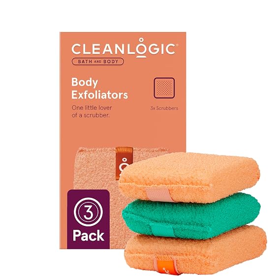 Cleanlogic Bath and Body Exfoliating Body Scrubber, Small Exfoliator Tool for Smooth and Softer Skin, Daily Skincare Routine, Assorted Colors, 3 Count Value Pack