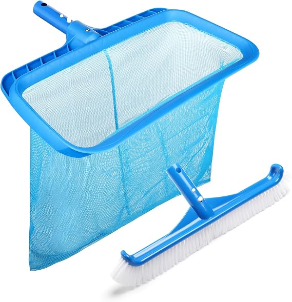 Pool Skimmer Net & Pool Brush Head Kit, Heavy Duty Pond Leaf Net Fine Mesh Pool Leaf Skimmer Deep Rake Net with Reinforced Frame, Professional Pool Brushes with EZ-Clip for Cleaning Pool Walls Floors