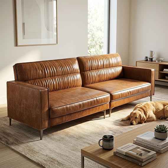 Mid-Century Vegan Waxed Leather 4-Seater Sofa, Caramel Brown Retro Couch with Split-Back Design, 220cm Wide, Tapered Metal Legs, Easy Clean & Pet Friendly