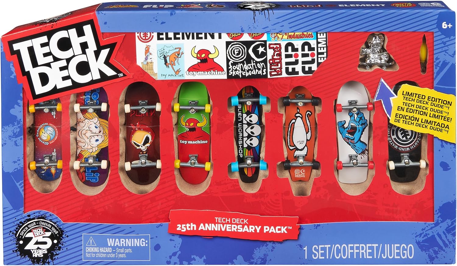 Tech Deck, 25th Anniversary 8-Pack Fingerboards with Exclusive Figure, Collectible and Customisable Mini Skateboards, Kids’ Toys for Ages 6 and up