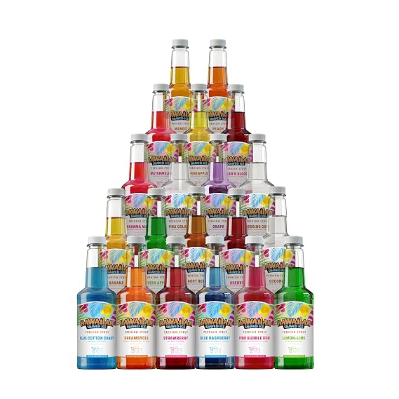 Hawaiian Shaved Ice Syrup Assortment, 20 - 16-ounce Bottles of the Most Popular Flavors Including Cherry, Grape, Blue Raspberry, Lemon-Lime, and Tigers Blood. For Snow Cones, Coffee, Cocktails, and More