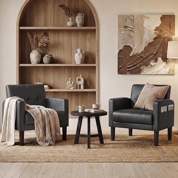 Black Leather Accent Chairs, Upholstered Tufted Armchairs for Living Room