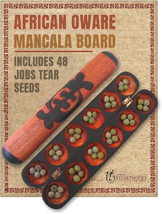 Africa Heartwood Project African Oware Mancala Board - Hand-Carved Solid Wood with Adinkra Symbol, Wooden Folding Mancala Design, 16" Board with 48 Grey, Green Tear Seeds and Playing Instructions