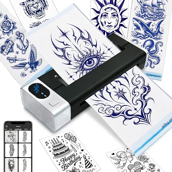 Tattoo Stencil Printer & Temporary Tattoo Maker, 4" 2-in-1 Stencils & DIY | 30 Sticker Sheets, 10 Transfer Paper, 8 Color Makers, 1500mAh 48hr Battery, 203DPI Print, iOS Android PC Mac, 1.1lb