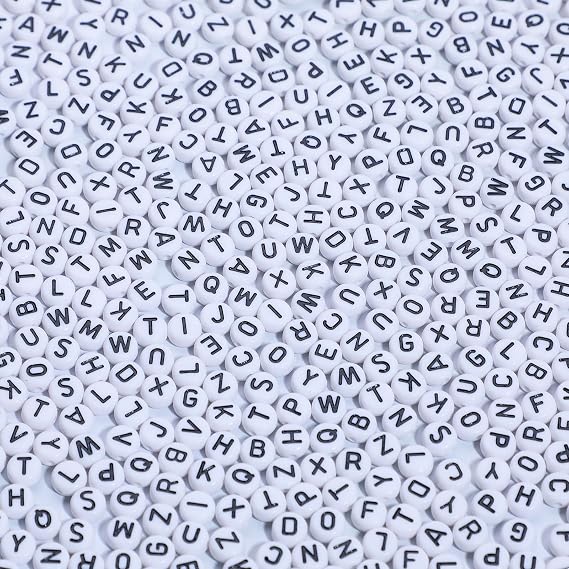 Acrylic Letter Beads Alphabet Black Letters White Round Bead, 47mm 1200pcs, for Friendship Bracelets and Gifts Souvenir Jewelry Making