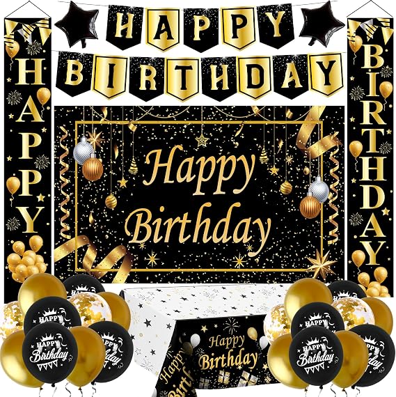 Black and Gold Birthday Decorations, Birthday Party DecoratIons for Men Boys Women Girls with Black Gold Happy Brthday Banner Tablecloth Backdrop Porch Sign Door Decoations Balloons