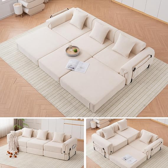 GNIXUU 98.8" Oversized Convertible Sectional Sleeper Sofa Bed, Floor Folding Mattress Couch Modern Modular 3 Seater Sofa with Fixed-Shape Frame, Compression Boneless Couches for Living Room, Beige