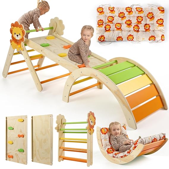 Climbing Frame with Soft Cushion, 7 in 1 Foldable Indoor Climbing Frame, Montessori Baby Toddler Climbing Toys Indoor, Climber Indoor Set with Arch, Ramp, Ladder (Lion)