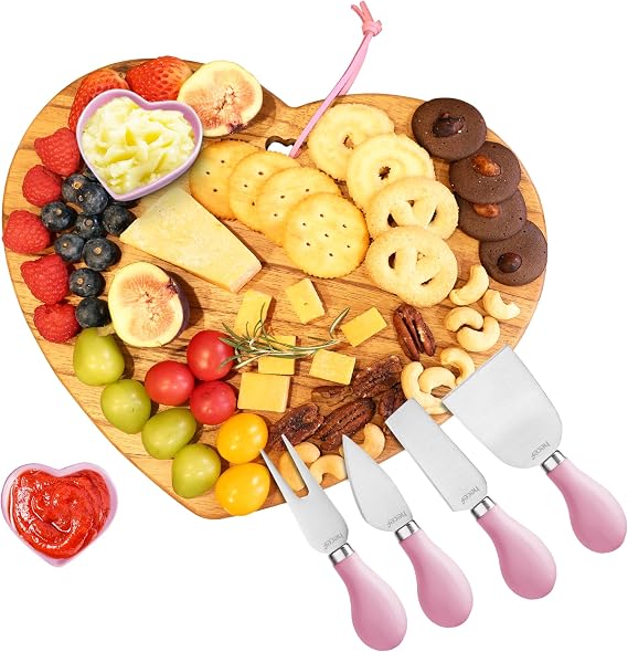 hecef 7pcs Cheese Board Set, Charcuterie Boards Set with Knives & Ceramic Bowls, Heart-shape Serving Board Set for Birthdays, Weddings, Feast, Housewarming(Pink)