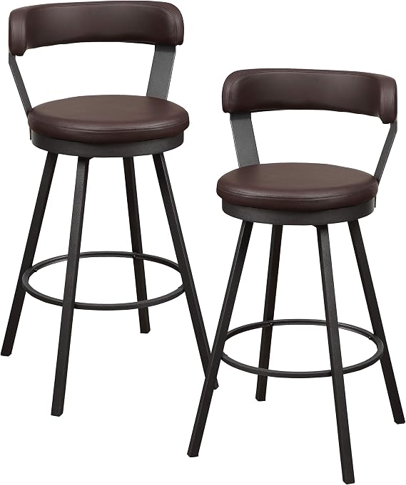 Lexicon Bar Stools Set of 2 - Appert Upholstered Swivel Barstools with Backs, Sturdy Metal Frame, Legs, 30 Inch Seat Height, Leather, Padded Seat, Back Rest, Foot Rest Bar, Kitchen Counter Brown
