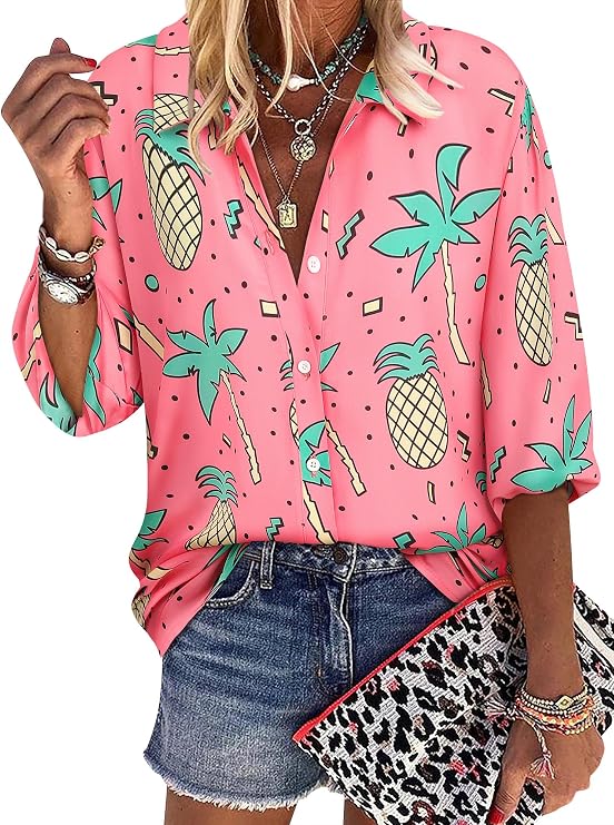 ZXZY Women Pineapple Printed Lapel Collar Half Sleeves Buttons Down Blouse Shirt