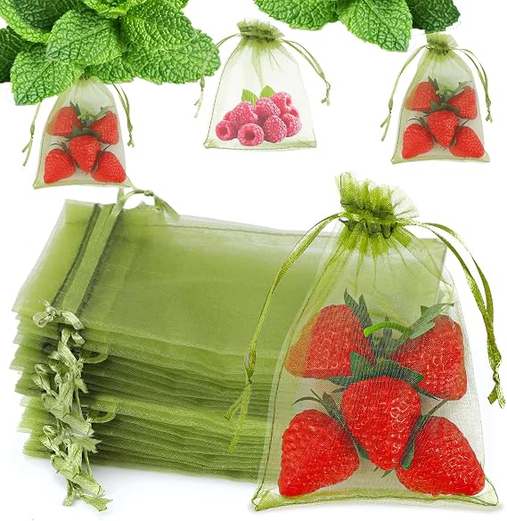 100Pcs Fruit Protection Netting Bags, 6 x 4 Inch Fruit Net Bags Strawberry Net Garden Netting Covers with Drawstring for Pest Barrier Plant Harvest Organizing