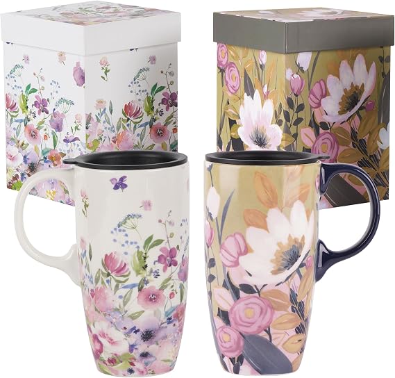 Ceramic Mug Travel Coffee Cup with Lid & Handle, 17oz. Set of 2 Tall Tea Cup in Color Box, 6.5" H