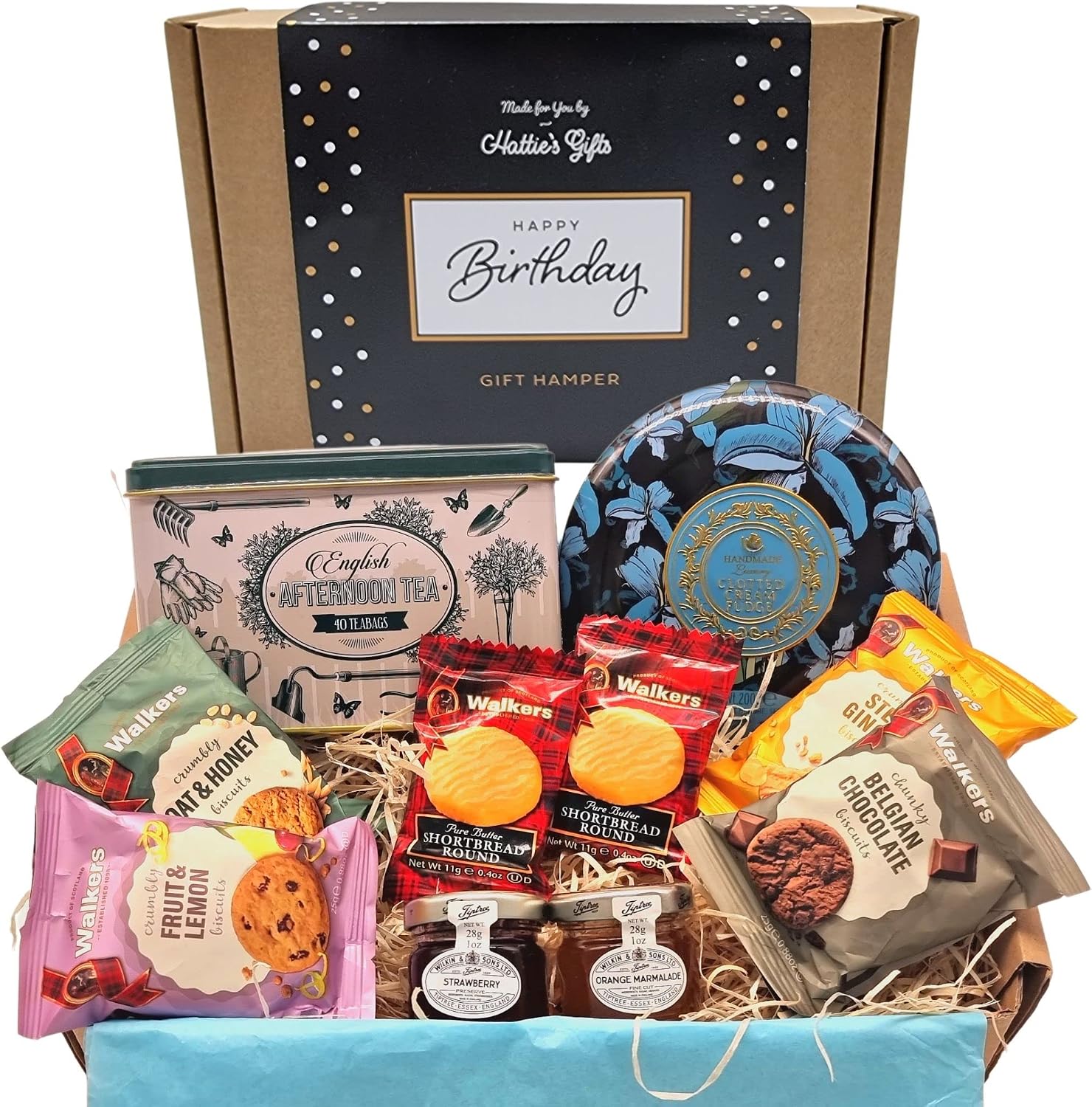 Hattie's Gifts Afternoon Tea Hamper Includes 40 Teabags in Luxury Tin, Cream Fudge, Shortbread, Jams, and Biscuits Gift Set - 10 Piece Tea Gift Set Happy Birthday