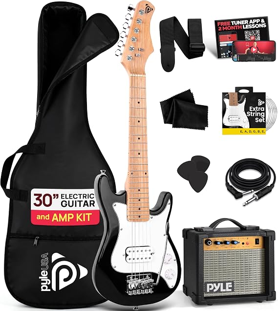 Pyle Kids Electric Guitar Starter Kit with Amplifier, 30 Mini Instrument w/ 10W Amp & Complete Accessories, PEGKT30