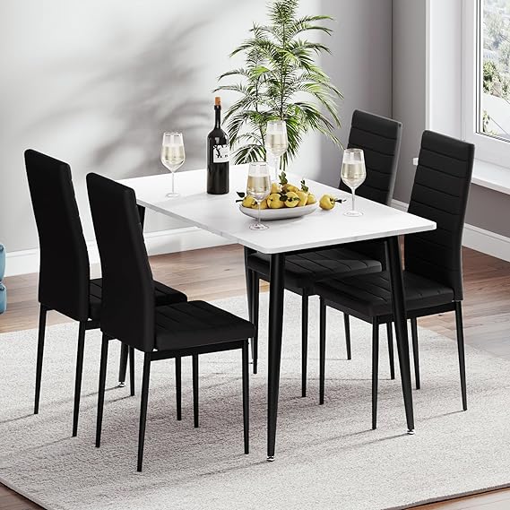 White Dining Table and Chairs Set 4, 120 CM Dining Table Set for 4 with Marble Effect Table and Faux Leather High Back Dining Chairs, Table Chairs Set 4 for Kitchen and Dining Room